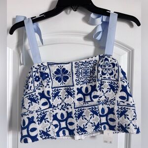 NWT Maeve White and Blue Embroidered Tile Print Ribbon Top